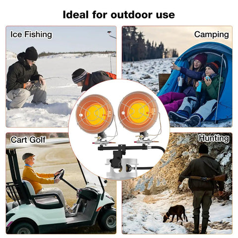 Portable Propane Tank Top Heater With Tip Over Protection Dual Burners And Three Adjustable Heat Settings Up To 30000 BTU shown for camping and ice fishing.