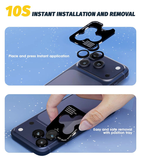 EZ Install Case Friendly 9H Tempered Glass Camera Lens Protector for iPhone being applied and removed using tray