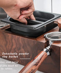 Sleek Wooden Espresso Tamper Station With Integrated Knock Box Fits 58 mm Portafilters showcasing a detachable black slag bucket.