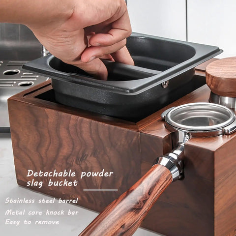 Sleek Wooden Espresso Tamper Station With Integrated Knock Box Fits 58 mm Portafilters showcasing a detachable black slag bucket.