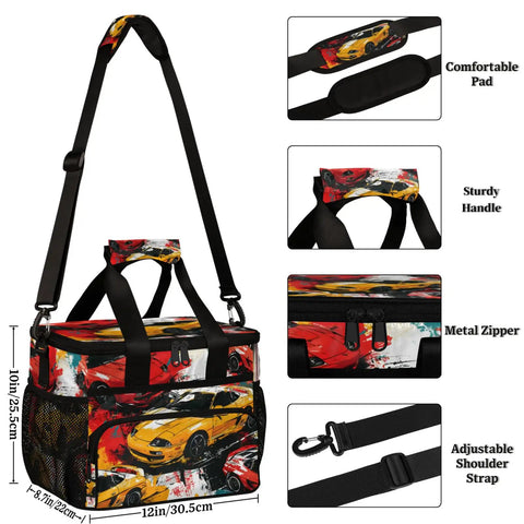 Insulated Picnic Backpack Lunch Bag For Food And Drinks With Spacious 12x9x10 Inch Interior, Retro Car Style, sturdy handle