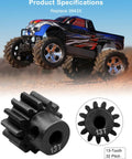 Close-up: two black 13-tooth pinion gears, 32-pitch, hardened steel for RC cars.