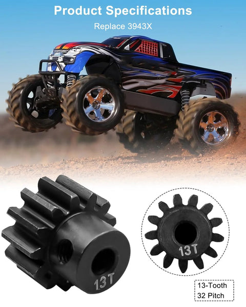 Close-up: two black 13-tooth pinion gears, 32-pitch, hardened steel for RC cars.