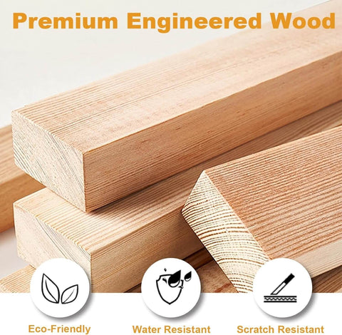 Stack of premium engineered wood planks showcasing eco-friendly, water-resistant, and scratch-resistant features.