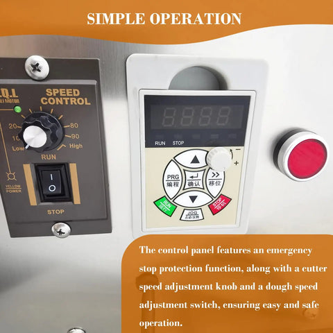 Control panel of Pro Grade Dough Divider Cutter Machine 1g To 300g with speed knob and emergency stop button for home bakery