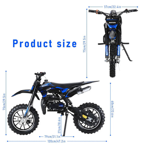 Kick Off The Good Times With This Killer 50cc Kids Dirt Bike Gas Powered 2 Stroke mini motorbike Hitting Up To 35 Mph For Epic Adrenaline Rides And Ultimate Fun dimensions with size indicators.