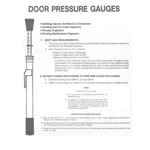 Door Pressure Gauge 0 To 35 Pounds For ADA Accessible Doors Made In USA With Plastic Protective Tube Easy Read Gauge For Exterior And Interior Doors With Rugged Build, printed instructions sheet