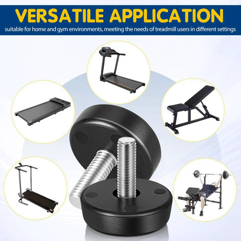 M10 Leveling Feet For Treadmills 4 Pack Adjustable Shock Absorbing Pads shown with treadmill and bench.