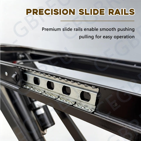 Electric Hydraulic Lift Table Cart Featuring Plug And Play One Touch Operation With Slick Retractable Scissor Frame For Smooth Cargo Hauling Heavy Duty Mobile Dolly That Folds Flat, showing precision slide rails.