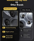 Comparison of MIKKUPPA vs other brands lug nuts showing 1/2-20 Lug Nuts For Jeep Wrangler JK 1987-2018 Liberty 2002-2012 features