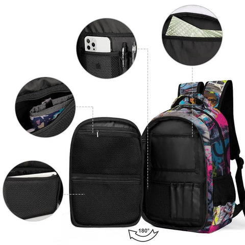 Open view of Graffiti Alley Spaceman Printed Backpack For Everyday Use Unisex Large Capacity Daypack Dope Durable Polyester Build