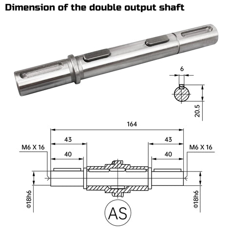 Double output shaft for worm reducer gearbox; metal shaft, 18mm diameter, 164mm length, M6×16 mounting holes