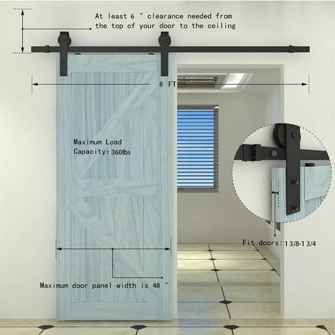 8ft Sliding Barn Door Hardware Kit with J Shape Hangers, Antique Style, Ultra Quiet Glide, Upgraded Carbon Steel Track diagram