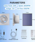Top Shelf 25 Watt Solar Powered Fan And 8 Inch Waterproof Exhaust Blower For Outdoor Shed And Greenhouse Cooling showing specifications.