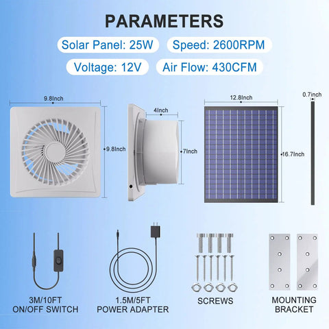 Top Shelf 25 Watt Solar Powered Fan And 8 Inch Waterproof Exhaust Blower For Outdoor Shed And Greenhouse Cooling showing specifications.