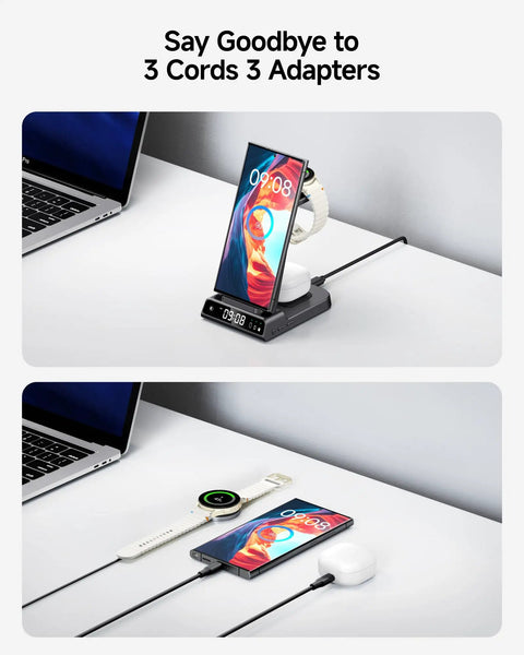 Desk with 3 In 1 Wireless Charging Station For Galaxy Phones Watches And Buds With Dimmable Digital Clock Space Saving Dock