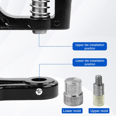 Close-up of Grab And Go No Fuss All In One Manual Rivet Press Kit showing upper and lower mold installation positions.