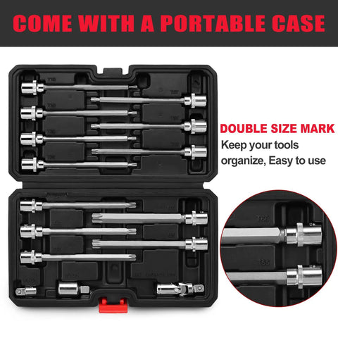 Long Reach 3/8 Inch Torx Bit Socket Set, 15-Piece T10 Through T60, S2 Alloy Steel, in portable case, top view
