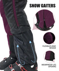 Close-up of raspberry snow gaiters on ski boots with features; Ladies Snow Bibs With Removable Suspenders Waterproof Insulated