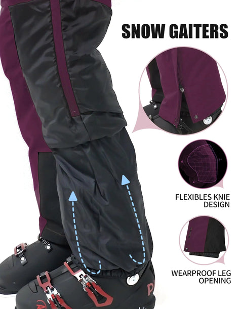 Close-up of raspberry snow gaiters on ski boots with features; Ladies Snow Bibs With Removable Suspenders Waterproof Insulated