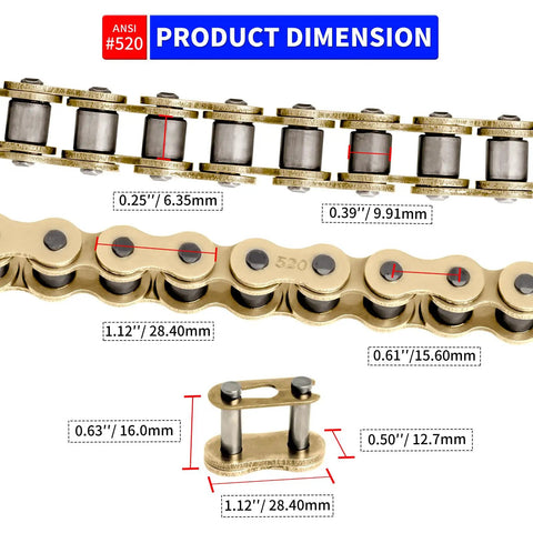 520 Gold Motorcycle Chain Set With 110 Links And Chain Breaker dimensions shown with measurements