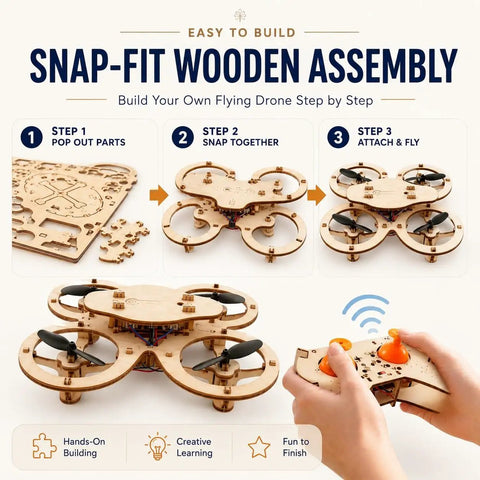 Wooden Drone Building Kit For Adults Snap Together No Glue Remote Control Quadcopters assembly steps with remote control