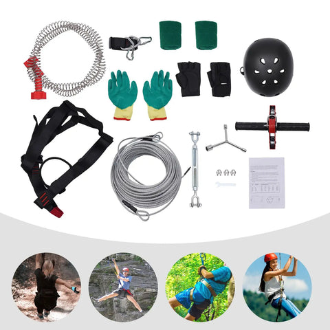 Backyard Zip Line Kit For Kids And Adults Up To 330 Lb, 120 Ft Stainless Steel Zip Line With Spring Brake, Safety Harness, Helmet