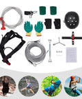 120Ft Zip Line Kit For Backyard Fun With Stainless Steel Spring Brake Rubber Heads Safety Belt Two Pairs Gloves Two Tree Protection Mats Park Ready Setup Supports Up To 330 Lbs Adjustable Helmet Included; components laid out including helmet, belts, and gloves.