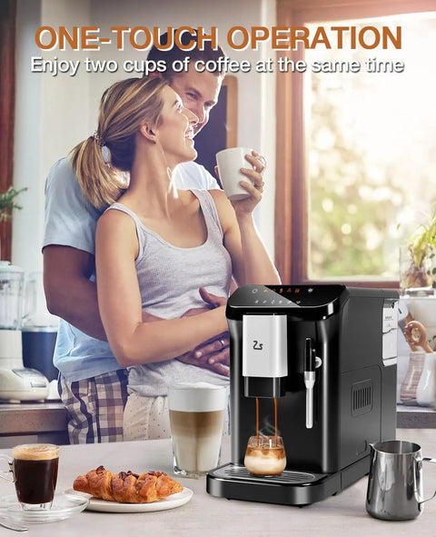 Kickstart Your Daily Brew With This Legit Fully Automatic Espresso Maker Featuring A Built In Grinder 20 Bar High Pressure Pump And Zero Hassle Milk Frother For Smooth Lattes And Rich Cappuccinos At Home with two cups of coffee.