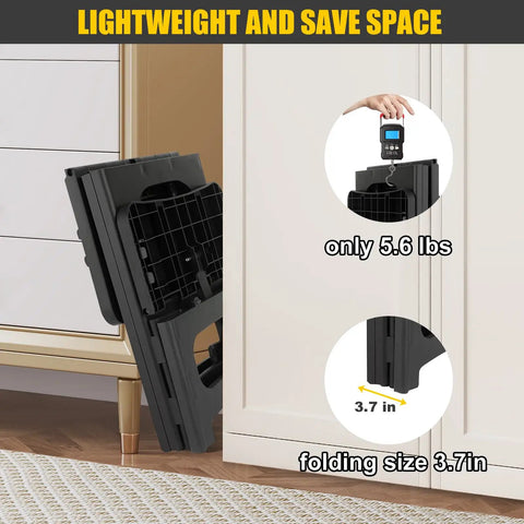 Foldable 2 Step Stool for Adults and Kids Non Slip Portable Grab And Go Stool folded next to cabinet, compact 3.7 inches depth