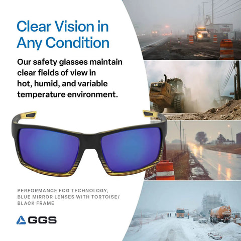 Sawfish Polarized Safety Glasses With Performance Fog Technology, blue mirror lenses, showcased against various weather conditions.
