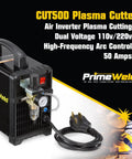 50 Amp Air Inverter Plasma Cutter Portable Cutting Machine With Dual Voltage 110V 220V Auto Voltage Switch One Half Inch Clean Cut Capability Rugged Workhorse Pro Kit Easy Setup For On The Go Projects CUT50D with power cord and controls