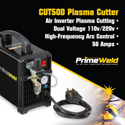 50 Amp Air Inverter Plasma Cutter Portable Cutting Machine With Dual Voltage 110V 220V Auto Voltage Switch One Half Inch Clean Cut Capability Rugged Workhorse Pro Kit Easy Setup For On The Go Projects CUT50D with power cord and controls