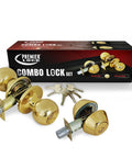 ED05-6 Entry Door Knob And Deadbolt Combo Lock Set In Polished Brass, 6 Keys, 6-Pack, Keyed Alike, Adjustable Latch, Boxed