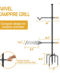 Diagram of Four Prong Campfire Grill Grate with Swivel Handle showing dimensions and metal construction for outdoor use.