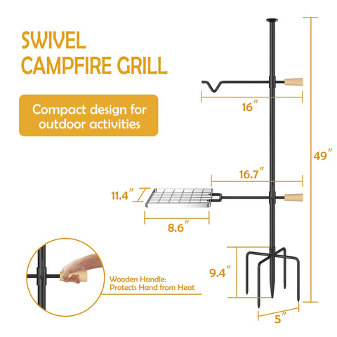 Diagram of Four Prong Campfire Grill Grate with Swivel Handle showing dimensions and metal construction for outdoor use.