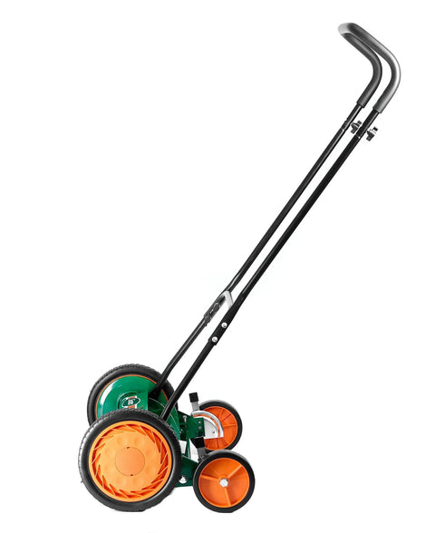 Manual 20-Inch 5-Blade Push Reel Lawn Mower With Ball Bearing Reel, Dual Tracking Wheels, side view, green finish