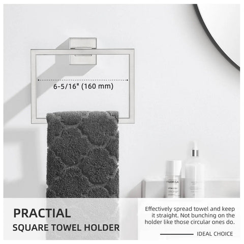 Simple Hand Towel Holder In Brushed Nickel Made From SUS 304 Stainless Steel Square Bathroom Towel Ring For Wall Mount 7.09 Inches With Modern Square Design And Durable Build Great For Hand Towels Face Towels Wash Cloths And More Everyday Must Have, shown mounted on wall displaying towel