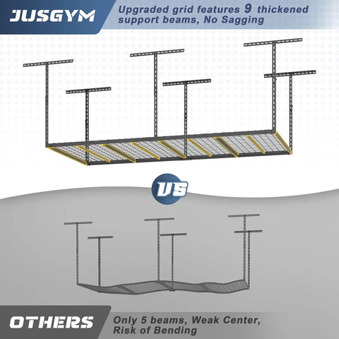 Comparison of heavy duty overhead garage storage rack system with 9 support beams vs a 5 beam system, showing durability and stability.