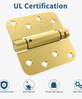 Real Deal Brushed Gold Self Closing Door Hinges Built Tough Spring Loaded Quiet Swing 4 Inch Hardware close-up with UL certification.