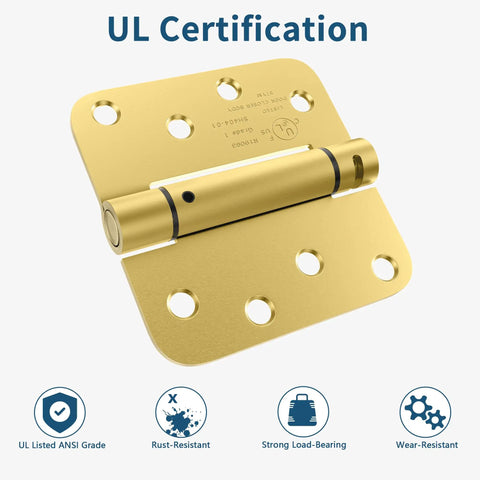 Real Deal Brushed Gold Self Closing Door Hinges Built Tough Spring Loaded Quiet Swing 4 Inch Hardware close-up with UL certification.