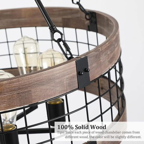 Close-up of wood arm detail on Dope Rustic Farmhouse 19 Inch Chandelier With Wood And Black Metal Arms, 5 Light Pendant