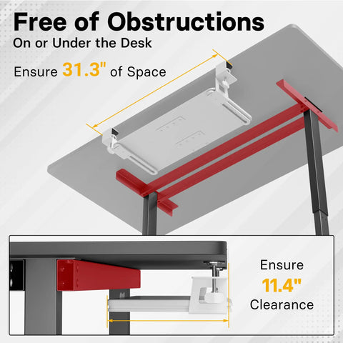 Under Desk Keyboard Tray With Smooth Pull Out Track showcasing adjustable clamps and space clearance under a desk.