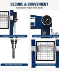 Features of the 20 Ton H Frame Hydraulic Garage Shop Press: double speed pump, precision gauge, non-slip head, protective mesh panel.