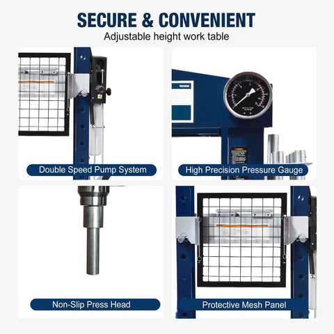 Features of the 20 Ton H Frame Hydraulic Garage Shop Press: double speed pump, precision gauge, non-slip head, protective mesh panel.