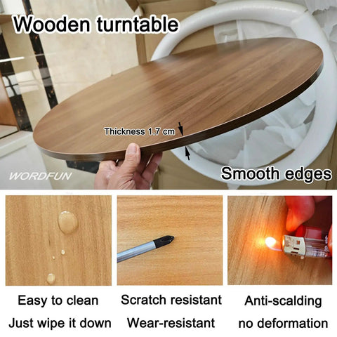Kick Up Your Hosting Game With This 39 Inch Round Wooden Lazy Susan Rotating Serving Tray showing smooth edges and thickness of 1.7 cm.