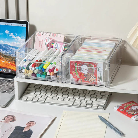 Foldable Plastic Storage Baskets With Handles 2 Pack Grab-And-Go Stackable Collapsible Crates for organizing office supplies.