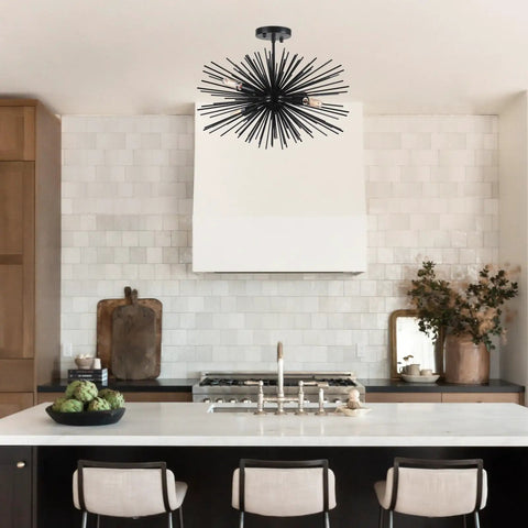 Black 20 Inch Sputnik Ceiling Light Fixture Over Table Four Lights Starburst Chandelier Modern Solid Metal Semi Flush Mount