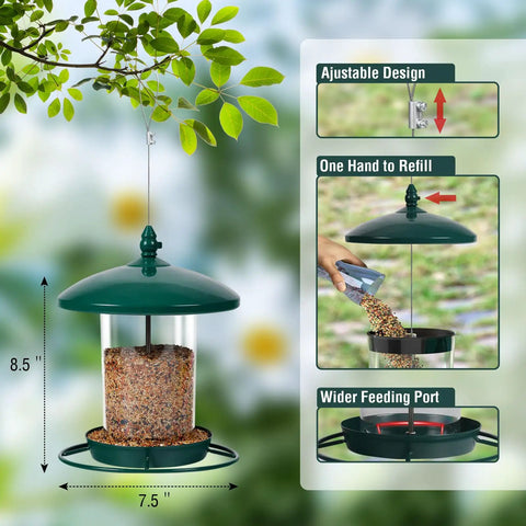 Chew Proof Metal Bird Feeder For Outdoors Hanging Built Tough As Nails With 3 Lb Seed Capacity Easy To Fill And Clean 360 Degree Feeding Weatherproof Roof For Gardens And Wild Birds Green