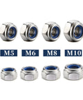 Top Shelf M6 X 1.0mm Nylon Insert Hex Lock Nuts 50 Piece Bulk With Rust Proof 304 Stainless Steel And Crisp Bright Finish image showing M5, M6, M8, M10 sizes.